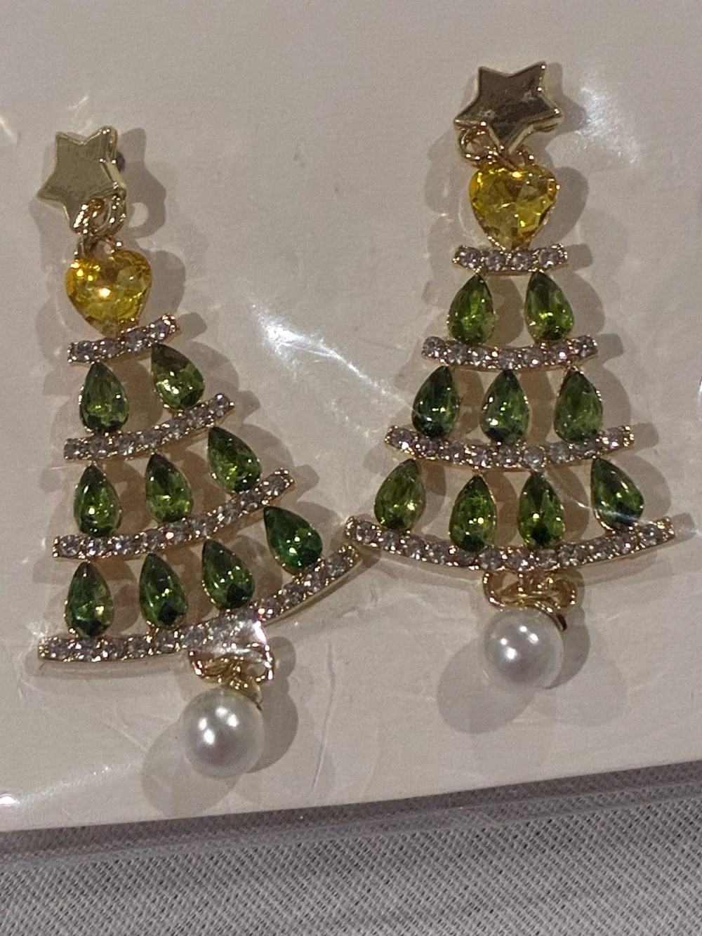 Christmas Tree Earrings with Pearls and Green Rhinestones